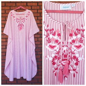 NEW National Maxi House Dress Pink Candy Stripe Embroidered Kaftan One Size